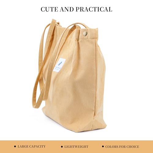 Corduroy Tote Bag Cute Tote Bags for Women Shoulder Bag with Inner Pocket for Work Beach Travel and Shopping Grocery - style: Light Yellow