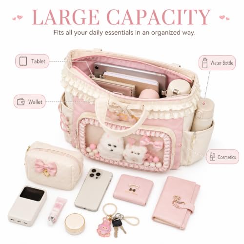 Kawaii Ita Bag with Ruffle Trim, Cute Color Block Crossbody Bag, Pin Display Shoulder Bag with Insert Y2k Style - color: Beige / Pink