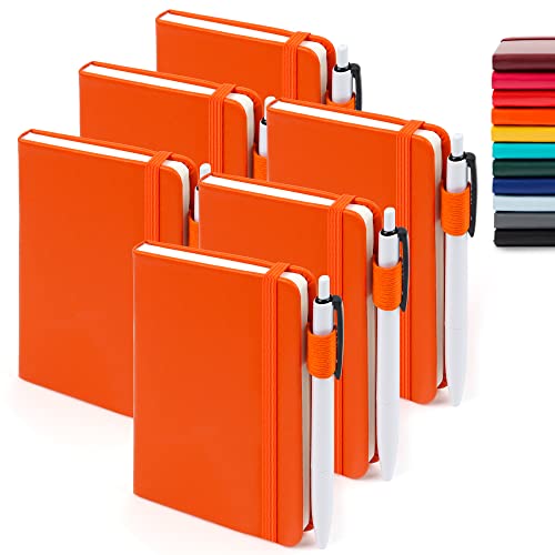 feela 6 Pack Pocket Mini Notebooks Bulk, Small Cute Memo Notepads Hardcover College Ruled Lined Journals with Pen Holder for School Business Work, with 6 Black Pens, 3.5”x 5.5”, A6, Orange - color: 6 Orange