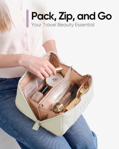 NISHEL Travel Makeup Bag for women, Organizer Pouch Cosmetic Case - color: Beige