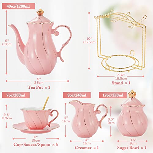 DUJUST 22 pcs Porcelain Tea Set for 6, Luxury British Style Tea/Coffee Cup Set with Golden Trim, Beautiful Tea Set for Women, Tea Party Set, Gift Package (With a Stand) - Pink - color: Princess Pink