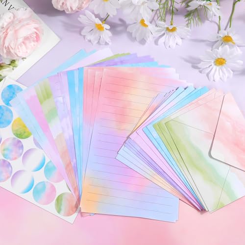 Konsait Watercolor Letter Stationary and Envelopes Set, 30 PCS Writing Stationary Paper with 15 PCS Envelopes and 1 Sheet Sticker, Colorful Letter Writing Set for Party Invitations (A)