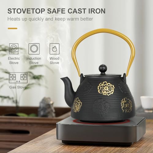 Ufine Cast Iron Teapot with Stainless Infuser Enameled Interior 40oz/1200ml - color: Black Sakura