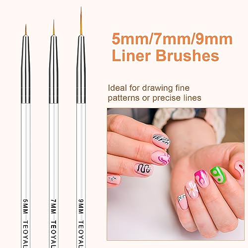 TEOYALL 5Pcs Fine Liner Brushes, Nail Art Striping Thin Line for Gel Polish