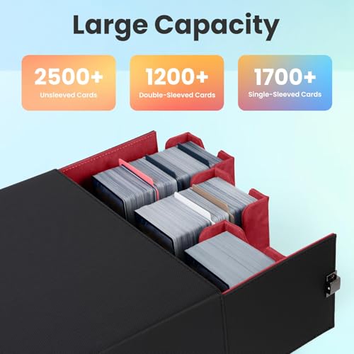 Trading Card Storage Box, 3-Row Deck Case with Handle, 2500+ Card Organizer with 8 Colorful Dividers & 3 Stoppers for MTG TCG PTCG Sports Card, Black & Red - color: Black & Red, size: 2500+, with Handle
