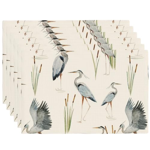 Grey Heron Blue Birds Floral Placemats Set of 6 12x18 Inch - color: Beige Blue, size: Set of 6