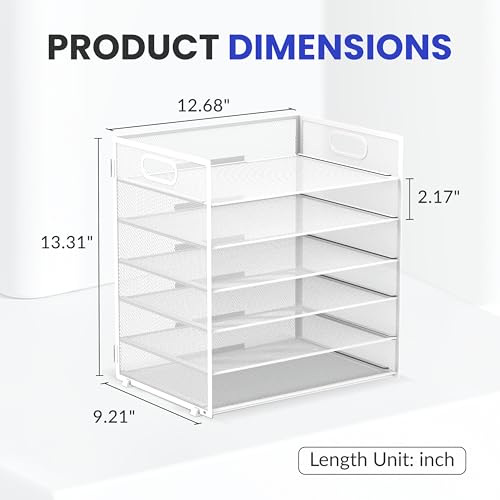 Daltack 6-Tier Paper Organizer for Desk with Handle, White - color: White