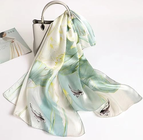 ANDANTINO 100% Silk Long Scarf-Women Large Oblong Shawls with Gift Packed - color: Light Green&white Lotus