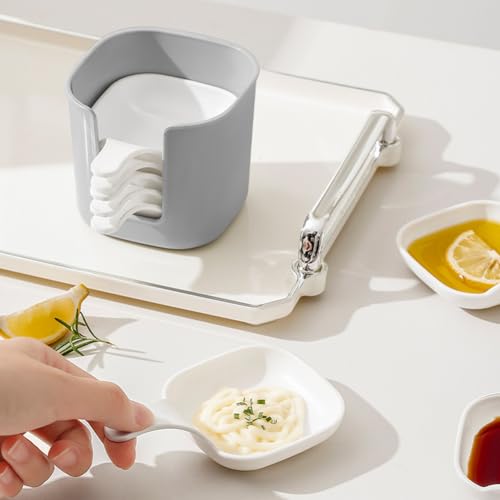 6Pcs Plastic Dipping Dish with Storage Box Mini Home Kitchen Seasoning Sauce Dishes Bowls Plate Dish Serving Tray for Sampling and Dipping Restaurant Home Party Use, White+Grey