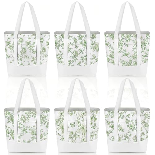6 Pcs Mini Floral Bow Tote Bags for Women White Canvas Tote Bag Bulk Reusable Coquette Bags for Wedding Party Favor - color: Green Floral