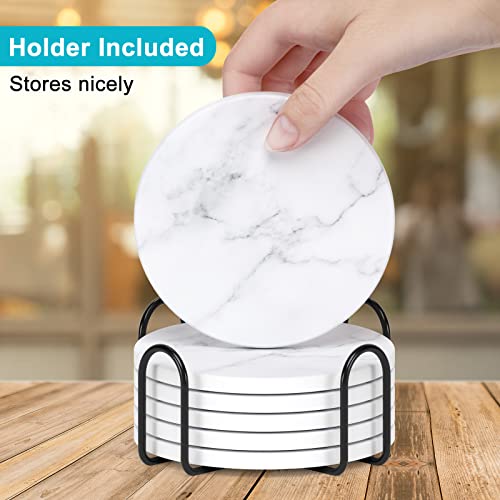 Coasters for Drinks, Set of 6 Cute Absorbent Ceramic Drink Coasters - color: Classic White Gray Marble
