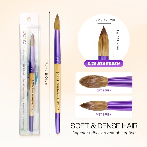 PANA Pure Kolinsky Hair Acrylic Nail Brush - Round Shape Purple Ferrule with Beige Wood Handle (Size 14) - Nail Brush for Acrylic Nail Application, Nail Extension, Manicure Pedicure Salon Beginner and - color: Beige, size: Size 14