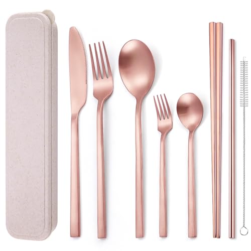 AARainbow 8 Pieces Stainless Steel Flatware Set Portable Reusable Cutlery Set Travel Utensils Set Including Chopsticks Knife Fork Spoon Straws Cleaning Brush Dishwasher Safe (B-Rose Golden) - color: B-Rose Golden