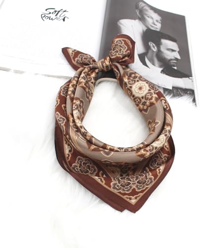 ANDANTINO 100% Mulberry Silk Scarf -21” Square Neckerchief with Gift Packed - color: Flowers-coffee