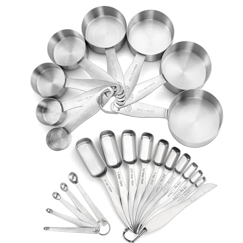 Measuring Cups and Spoons Set of 24 Piece in 18/8 Stainless Steel, Heavy Duty 8 Measuring Cups, 10 Measuring Spoons, 1 Leveler & 5 Mini Measuring Spoons Ideal for Dry and Liquid Ingredients - size: 24 Pieces: 8 Cups + 15 Spoons + 1 Leveler