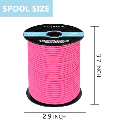 Paracord 240lb - Diameter 2mm Micro Utility Cord -3 Strand Parachute Spool Cord - 100ft 200ft,Paracord for Camping,Hiking,Fishing,Outdoor and DIY - color: Hot Pink, size: 200 ft
