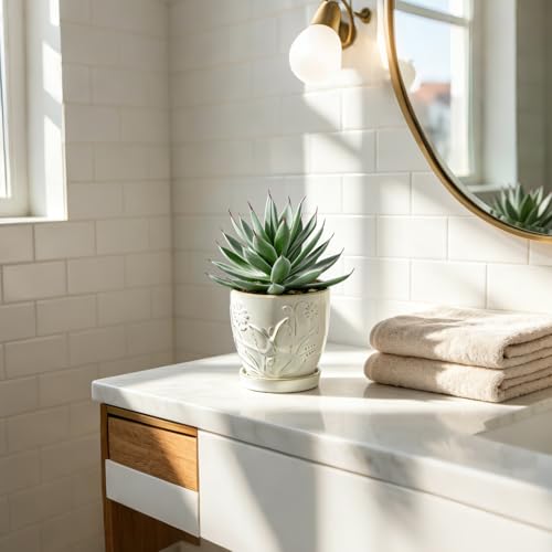 Briful Artificial Succulent Plant in White Ceramic Planter with Saucer, Small Fake Agave Plant, Faux Plant Indoor for Desk, Bathroom, Shelf, Office, Farmhouse Home Decor, 9 Inch - color: White#207