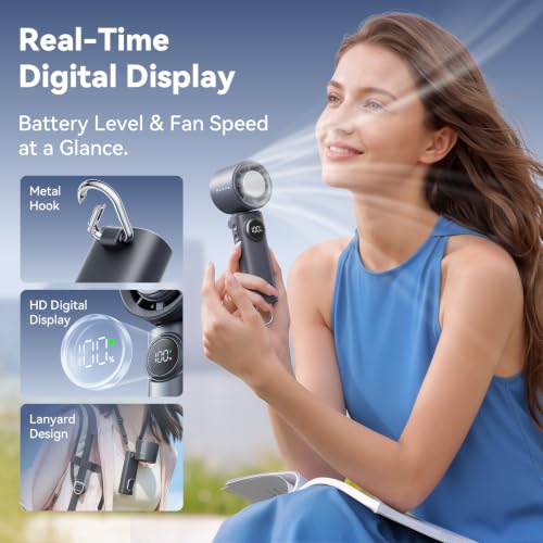MUXNW Mini Handheld Portable Personal Fan,HD Display 100 Speed Levels - color: soot black