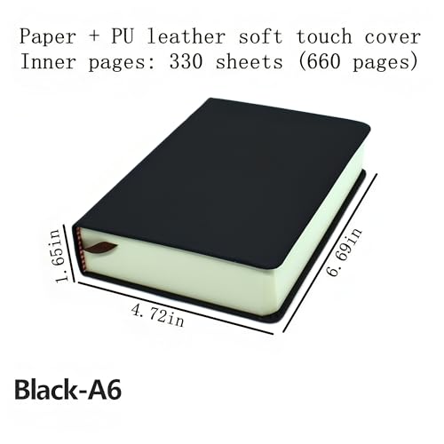 jooact Thick Sketchbook 660 Pages Notebook Soft Faux Leather Cover Journal 80GSM Paper Notepad Drawing Book Memo Writing Sketch Pad Diary Notebook - color: Black, size: A6