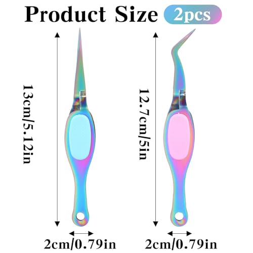Ymapinc 2PCS Stainless Steel Precision Tweezers, Curved & Straight Tips - color: Rainbow