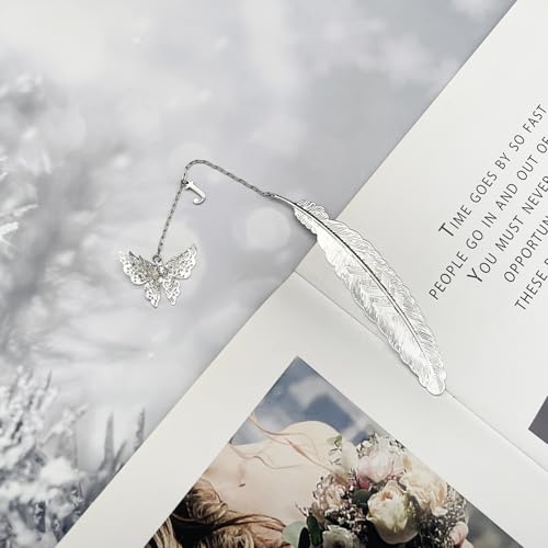 Initial Letter and Butterfly Charm Metal Feather Bookmark (Silver-J) - style: Silver-J