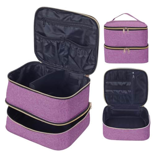 Double Layer Makeup Bag with Adjustable Dividers, Purple - color: Purple