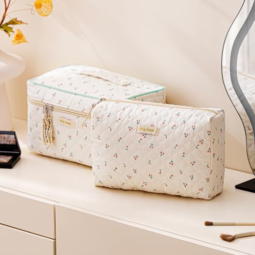 HBselect Quilted Makeup Bag, 3Pcs Cotton Large Travel Makeup Bags Organizer - color: A-3PCS-Cherry