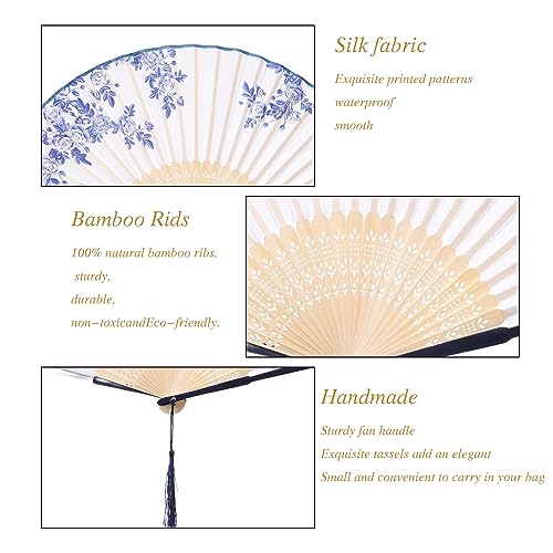 QIRMIZI 10 Pieces Handheld Fans, Silk Folding Fans, Floral Folding Fans for Birthday,Dancing, Cosplay, Weddings, Parties, and Events,Blue and White Porcelain - color: 06 Blue and White Porcelain