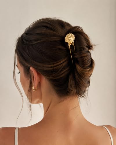 3PCS Ocean U Shaped Hair Pins for Women, Gold Shell Starfish Conch Bun Pins, Coastal Beach Hair Accessories, French Twist Hair Forks for Thick Thin Hair Summer Vacation - color: Gold
