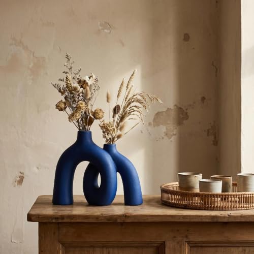 CEMABT Modern Nordic Boho Vase Set - Elegant Blue Matte Ceramic Home Decor for Living Room, Bookshelf, Mantel, Entryway Table & Console Décor | Shelf Decorations Easter Gift - color: Blue-1
