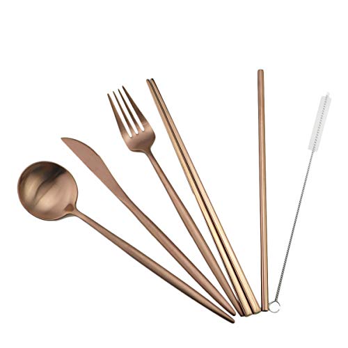 Luxury Rose Gold Matte Portable 18/10 Stainless Steel Travel Flatware Sets of 7 Portable Camping Cutlery Set, Healthy & Eco-Friendly Flatware Set with Carrying Case for Travel or Camping - color: Rose Gold, size: Black Pouch