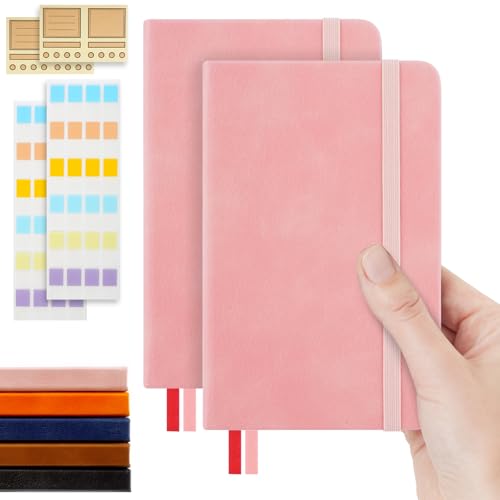 Pocket Dotted Notebook, 2-Pack Dot Grid Notebook, Dotted Journal with Stickers, 3.5" x 5.5" Hardcover, Small Mini A6 size, 160 Pages, 100 gsm Thick Paper, Pink - color: Pink
