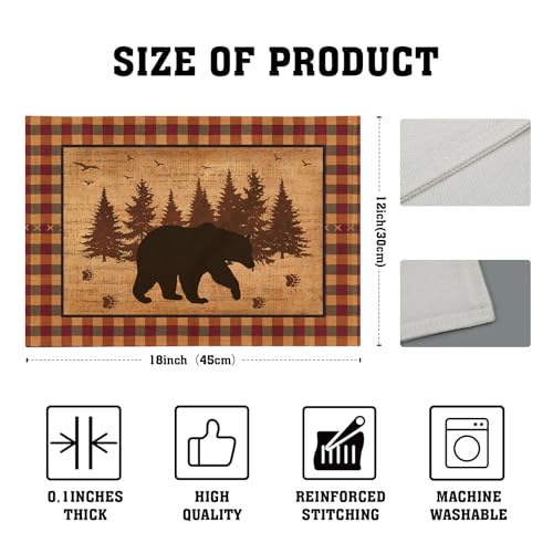 Rustic Bear Forest Pine Tree Placemats Set of 4, Wildlife Paw Print Buffalo Plaid Table Place Mats 18 x12 Inch Heat Resisting Non-Slip Table Mats for Party Holiday Kitchen Farm Indoor Decor - color: Rustic Bear