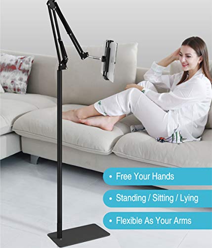 Tablet Floor Stand with 5LB Metal Base, Overhead Bed Phone Stand Angle Height Adjustable Holder, Universal Floor Stand Compatible with iPhone iPad Pro Air Mini, Samsung Tab, Kindle, E-Readers…