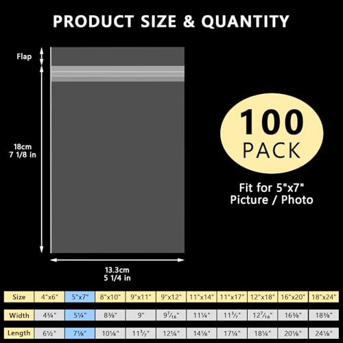 AUEAR 5"x7" Crystal Clear Plastic Sleeves Storage Bags for Picture,100 Pack - size: 5 x 7 inches