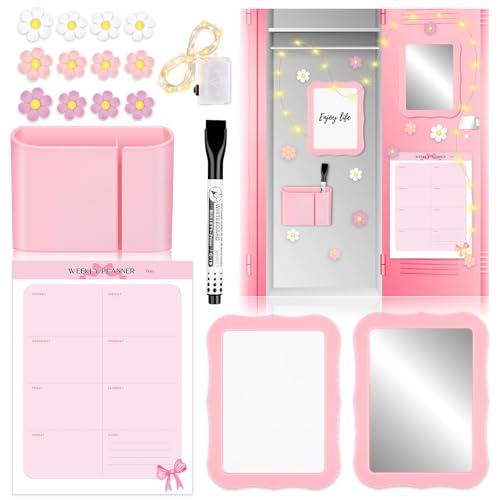 18 Pcs Pink Locker Accessories Kit, Magnetic Mirror with Magnetic Pen Holder, Whiteboard, Cute Flower Magnet and Organizing Supplies Locker Accessories for Girls Back to School Stuff Gift - color: Flower 2