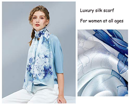ANDANTINO 100% Silk Long Scarf-Women Large Oblong Shawls with Gift Packed - color: Dusty Blue Peony