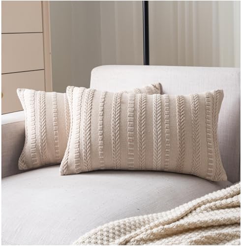 Cethom Boho Throw Pillow Covers 12x20 Inch Set of 2, Farmhouse Decorative Couch Pillow Cases, Beige Accent Pillows of Bed, Sofa Bedroom Living Room Home Decor Cushion Cover - color: Beige, size: 20" x 12" (Pack of 2)