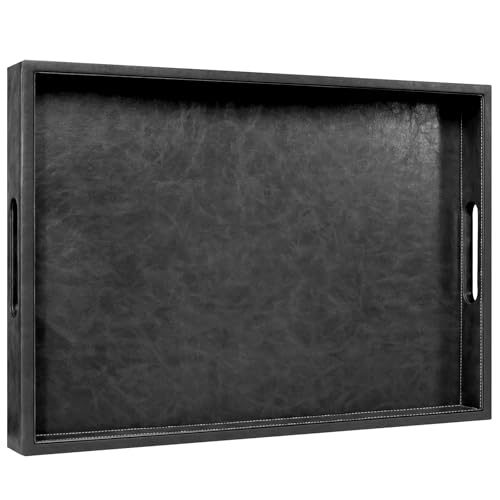 20 x 14 inches Leather Rectangle Serving Tray with Hole Handles,High-End Light Large Service Tray for Ottoman Tray, Tea, Food, Butler - Countertop, Kitchen,Family Dinner, Picnic (Black) - color: Black, size: 20" x 14" x 2"