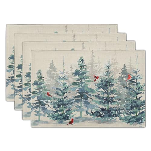 Winter Forest Tree Placemats Set of 4，Pine Tree Christmas Red Bird Heat Resistant Non Slip Place Mats Cotton Linen Tablemats for Dining Table Kitchen Decor 18 x 12 Inch - color: Winter Watercolor Pine Tree