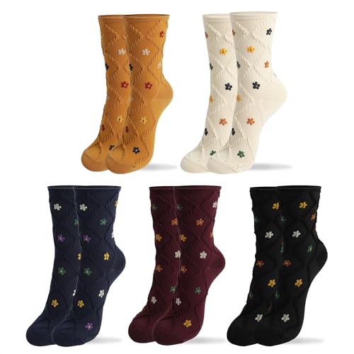 Womens Cotton Crew & Ankle Socks, Cute Floral Ruffle Colorful Tube Size 6-9 - color: Flower Print D
