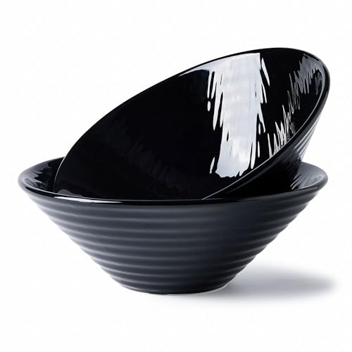 BICETTO Premium Porcelain Ramen Bowl Set 52oz, 8.5inch - Durable & Stylish - Perfect for Ramen, Pho, Soup, Salad, and Noodles - Microwave & Dishwasher Safe - Elegant, Lightweight, Ebony Grace