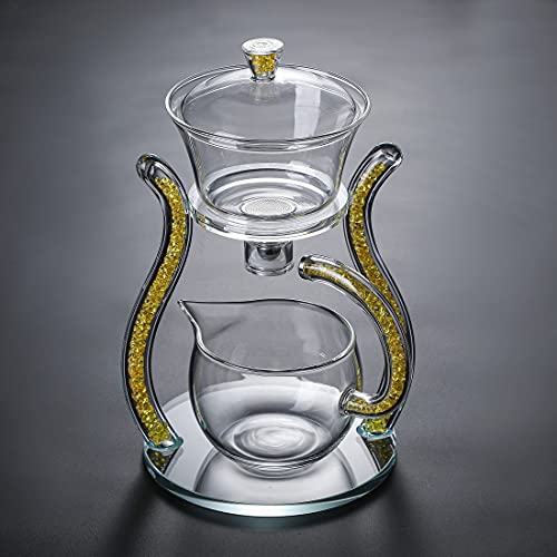 RORA Glass Teapot Set Semi Automatic Drip Rotating with Infuser Lazy Kungfu Tea pot Set (Yellow) - color: Gold, size: teapot
