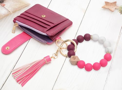 COOLANS Silicone Bracelet Wristlet Wallet Credit Card Holder RFID ID Window Key Ring Tassel Slim Wallet Women Keychain Purse - color: Pink Purple