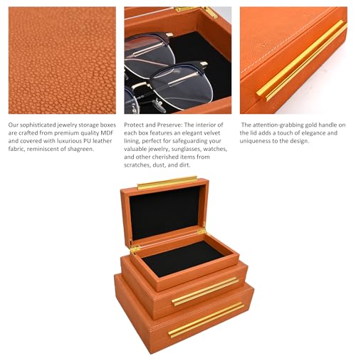 Faux Shagreen Stackable Decorative Velvet Lining Storage Boxes Set of 3 - color: Burnt Orange, size: L