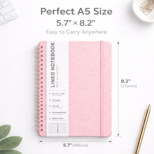 Lined Spiral Journal Notebook, A5 Hardcover Leather Notebook for Work, 5.7''×8.2'', 100GSM Thick Paper Spiral Bound Journaling Notebooks for Women & Men Office School Note Taking Business, Pink - color: Pink, size: A5