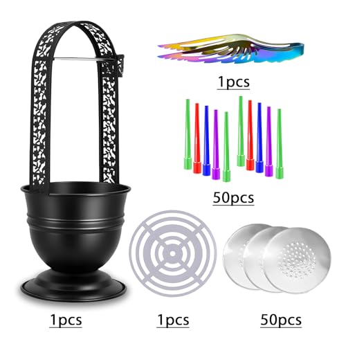 Portable Hookah Charcoal Basket with Coal Tongs,50 pre-Cut foil Sheets, 20 hygienic mouthpieces - Metal Storage Container & Holder for Shisha Accessories (Black Basket 16.1") - size: Black Basket 16.1"
