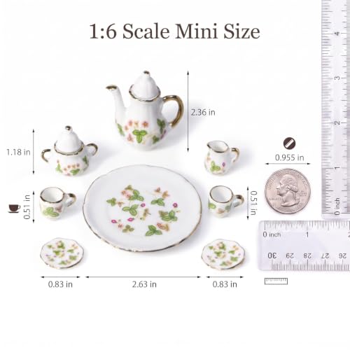 Miniature Tea Set 1/6 Scale Dollhouse Accessories Porcelain Green - color: Green