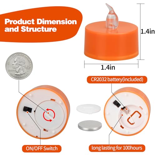 12 Pack Warm Yellow Light Flameless Tea Lights, Orange Base, Last 100H - color: Warm Yellow Light, Orange Base, size: 12 Pack