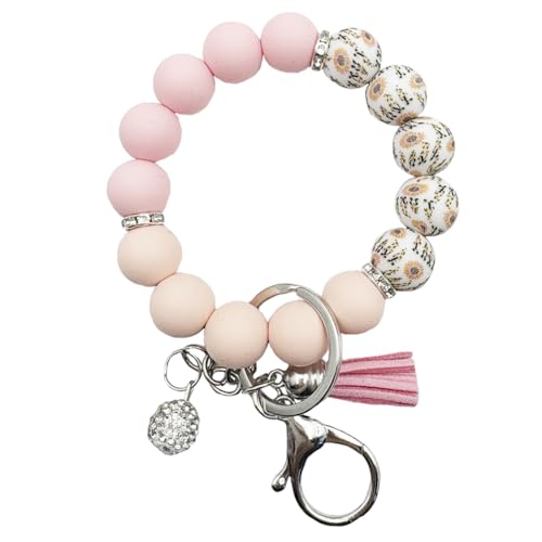 Unpafcxddyig Silicone Bead Keychain Bracelet Wristlet Key Ring - color: Rainbow Pink